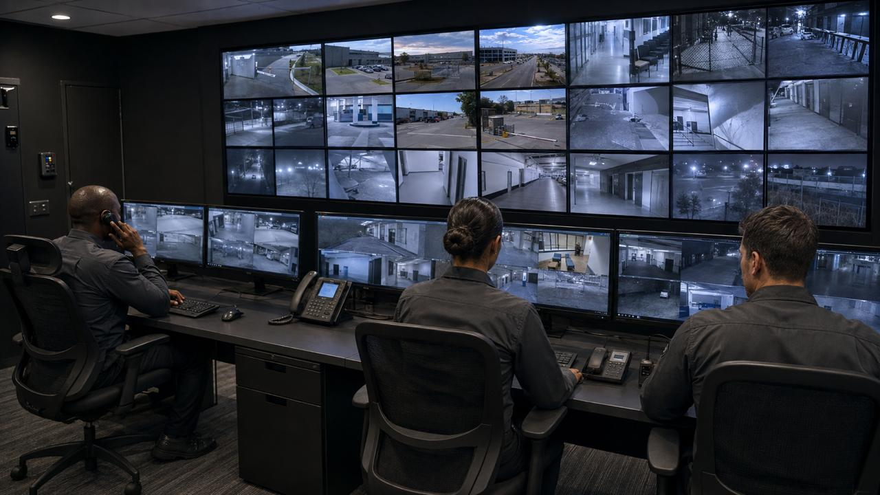 Security control-room operators monitoring multiple live CCTV camera feeds